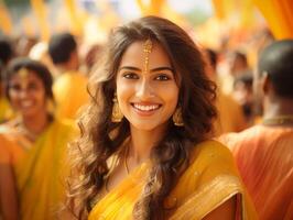 ai generado hermosa indio mujer en sari sonriente a cámara a hogar foto