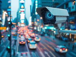 AI generated CCTV security camera or surveillance system on blurred traffic road with bokeh light background. photo