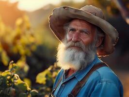 AI generated Portrait of a senior farmer standing in a wheat field at sunset photo