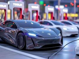 AI generated 3D rendering of an electric car charging at a charging station. photo