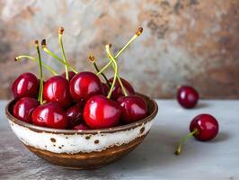 AI generated Cherries in a ceramic bowl on a stone background. Selective focus. photo