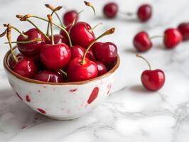 AI generated Cherries in a ceramic bowl on a stone background. Selective focus. photo