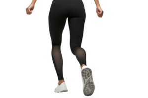 AI generated Photo of young girl's legs from behind doing exercises in black tight leggings. Without background png