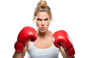 AI generated Athletic and angry young girl in boxing gloves ready to fight. Without background png