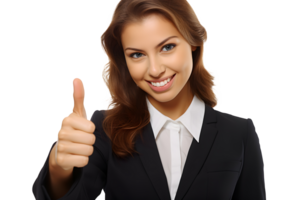 AI generated Young girl in black suit shows thumbs up, which symbolizes approval or success. Without background png