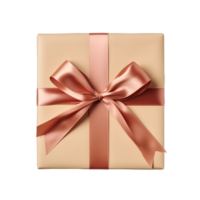 AI generated Top view of beige gift box with bow and ribbon without background png