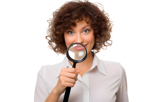 AI generated Photo of middle-aged school teacher wearing white shirt, smiling and holding a magnifying glass. Without background png