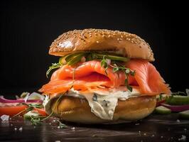 ai generado hamburguesa con ahumado salmón y crema queso en un negro antecedentes foto