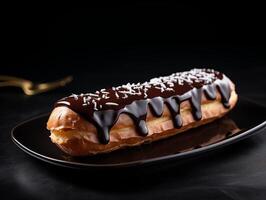 AI generated Chocolate eclair on a black plate on a black background. photo