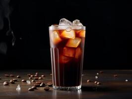 AI generated cola with ice cubes and coffee beans on a dark wooden background photo