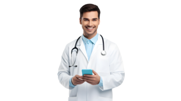 AI generated Photo of smiling doctor in lab coat and with stethoscope without background png