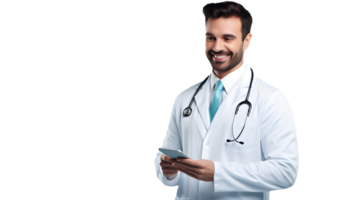 AI generated Photo of smiling doctor in lab coat and with stethoscope without background png