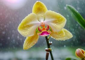 AI generated Yellow orchid flower floating in water, surrounded by lush greenery photo