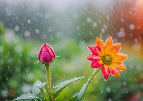 AI generated a pink flower surrounded by water droplets in a garden photo