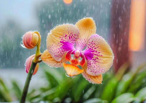 ai generado vibrante orquídea florecer en de la naturaleza jardín foto