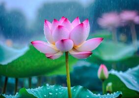 AI generated Pink Lotus Blossoms in a Garden Pond photo