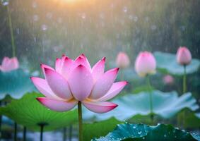 AI generated Pink Lotus Blossoms in a Garden Pond photo