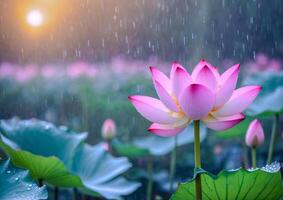 AI generated Pink Lotus Blossoms in a Garden Pond photo