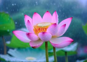 AI generated Pink Lotus Blossoms in a Garden Pond photo