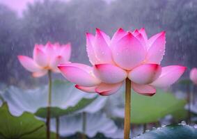 AI generated Pink Lotus Blossoms in a Garden Pond photo