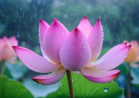 ai generado rosado loto flores en un jardín estanque foto