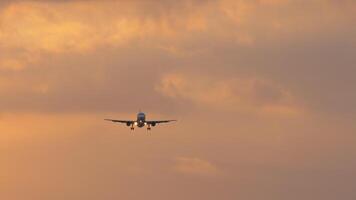 Jet airplane landing, sunset video