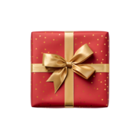 AI generated Top vies of red gift box with gold bow and ribbon without background png