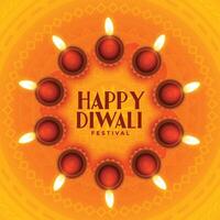 happy diwali background with diyas circular frame vector