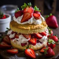 ai generado fresa postre pirozhenny con blanco crema fresa piezas foto