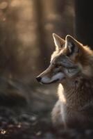 AI Generated a red fox in the autumn forest. fox profile in the rays of light photo