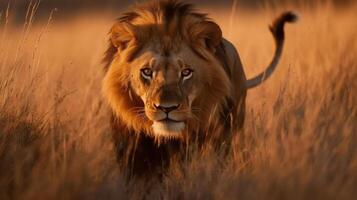 AI Generated lion in tall grass close-up large mane hunting looking out for prey photo