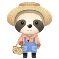 Cartoon sloth wearing a straw hat and overalls png