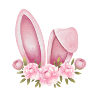 watercolor easter bunny ears with pink flowers on transparent background png