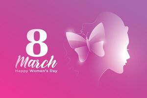 marzo 8vo De las mujeres día encantador bandera con mariposa y dama cara vector