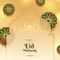 decorativo eid Mubarak invitación tarjeta con islámico mezquita vector