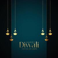 premium happy diwali card with golden diya design vector