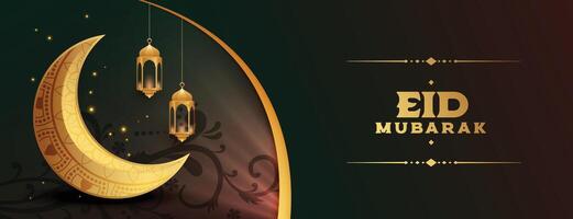 eid mubarak islamic holiday banner with realistic moon and lamp vector