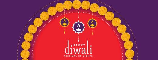 happy diwali colorful banner with flower decoration vector