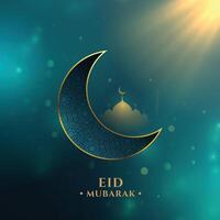 beautiful eid mubarak wishes background with half moon and light effect vector