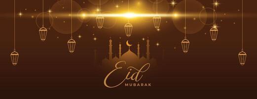 eid mubarak sparkling banner with lanterns vector