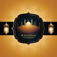 golden ramadan kareem greeting with mosque and lantern vector
