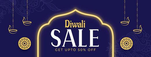 happy diwali sale blue banner with neon frame vector
