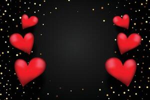 red 3d hearts with golden confetti on black background with text space vector