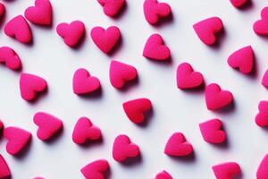 ai generado brillante rosado volumétrico corazones en un blanco antecedentes. San Valentín día. foto