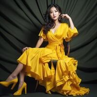 AI generated a woman in a yellow dress sitting on a chair photo