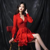 AI generated a woman in a red dress posing in front of a red background photo