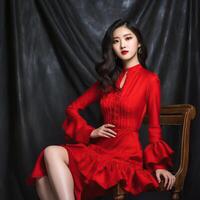 AI generated a woman in a red dress posing in front of a red background photo