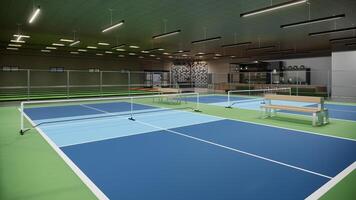 indoor pickleball court with blue and green color 3d render illustration sport complex photo