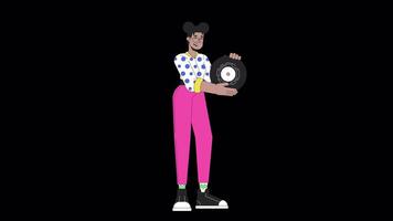 africano americano niña participación vinilo grabar línea 2d personaje animación. plano color dibujos animados 4k video, alfa canal. gen z negro mujer disfrutando retro músico imado persona en transparente antecedentes video