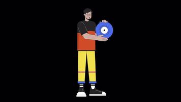 sonriente árabe hombre participación vinilo grabar línea 2d personaje animación. retro música plano color dibujos animados 4k video, alfa canal. milenario chico disfrutando retro música animado persona en transparente antecedentes video